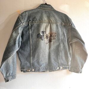 VTG Y2K Bugle Boy Millennium Series Denim Jacket Wolf on Back SZ XL Fade Wash